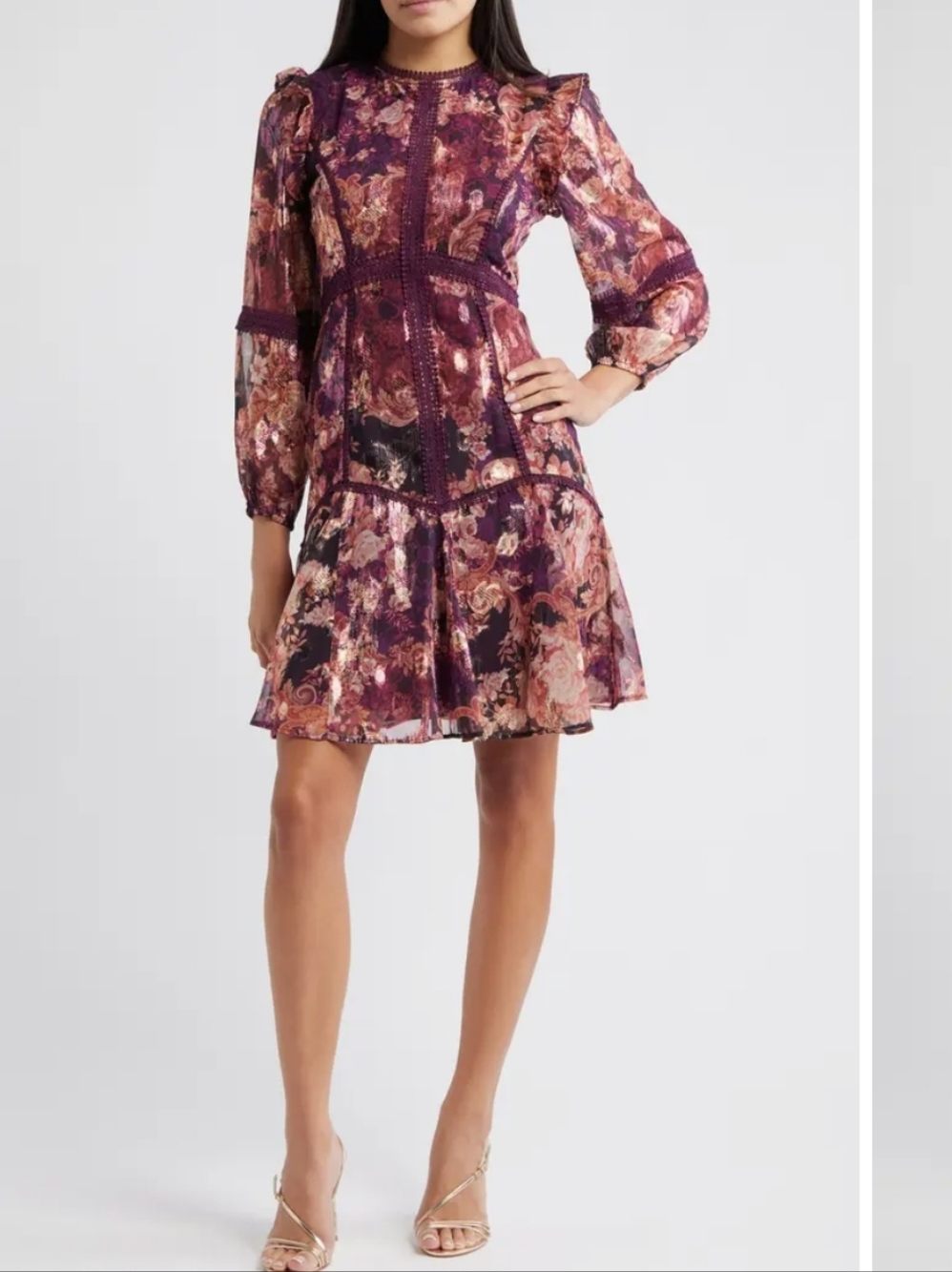 NWT Eliza J Floral Lace-Trim Longsleeve Trapeze Mini Dress Wine Gold Shimmer